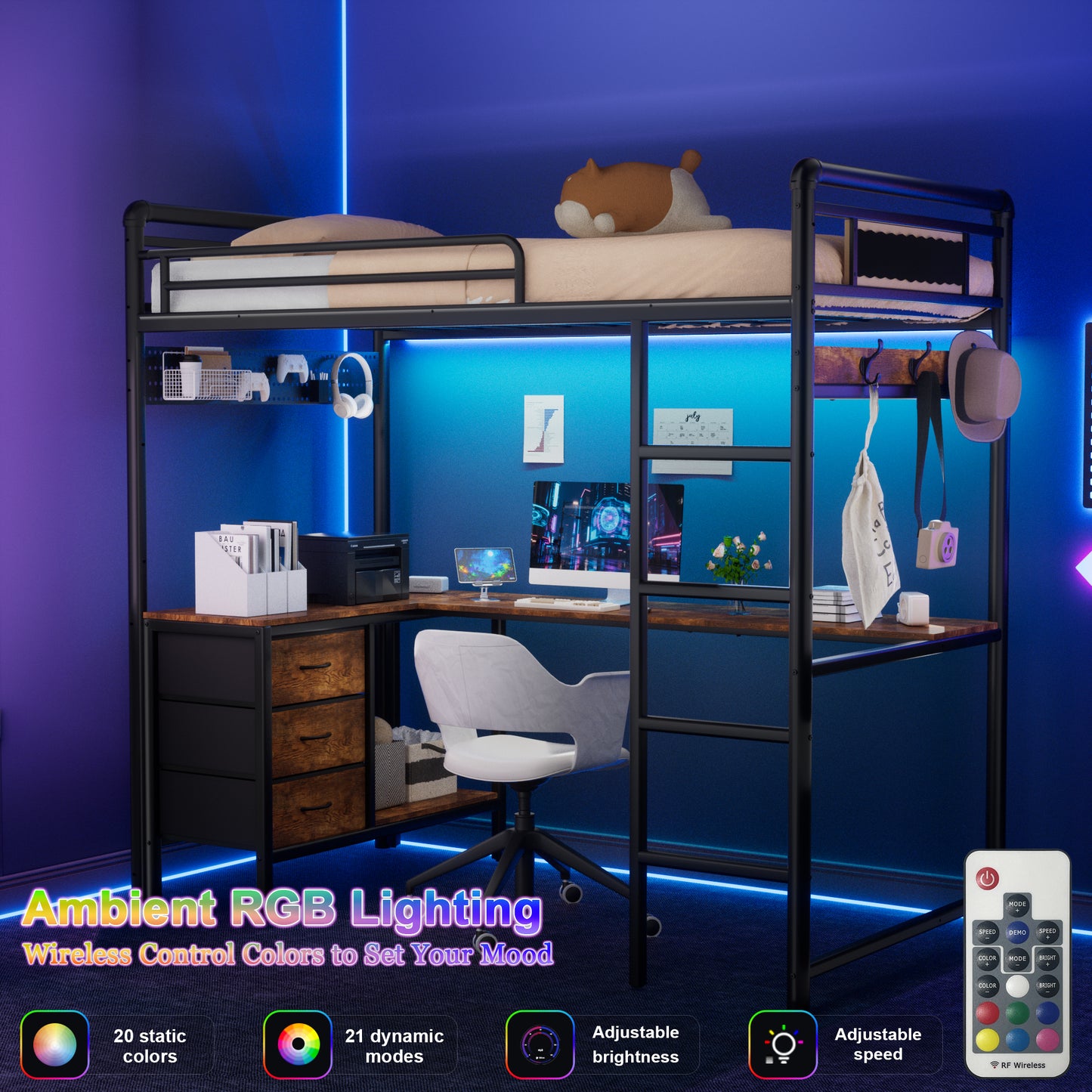 Pikvki Rustic Loft Bed Twin Size with Desk & 3 Fabric Drawers, Industrial Metal Loft Bed with LED & Charging Station for Bedroom