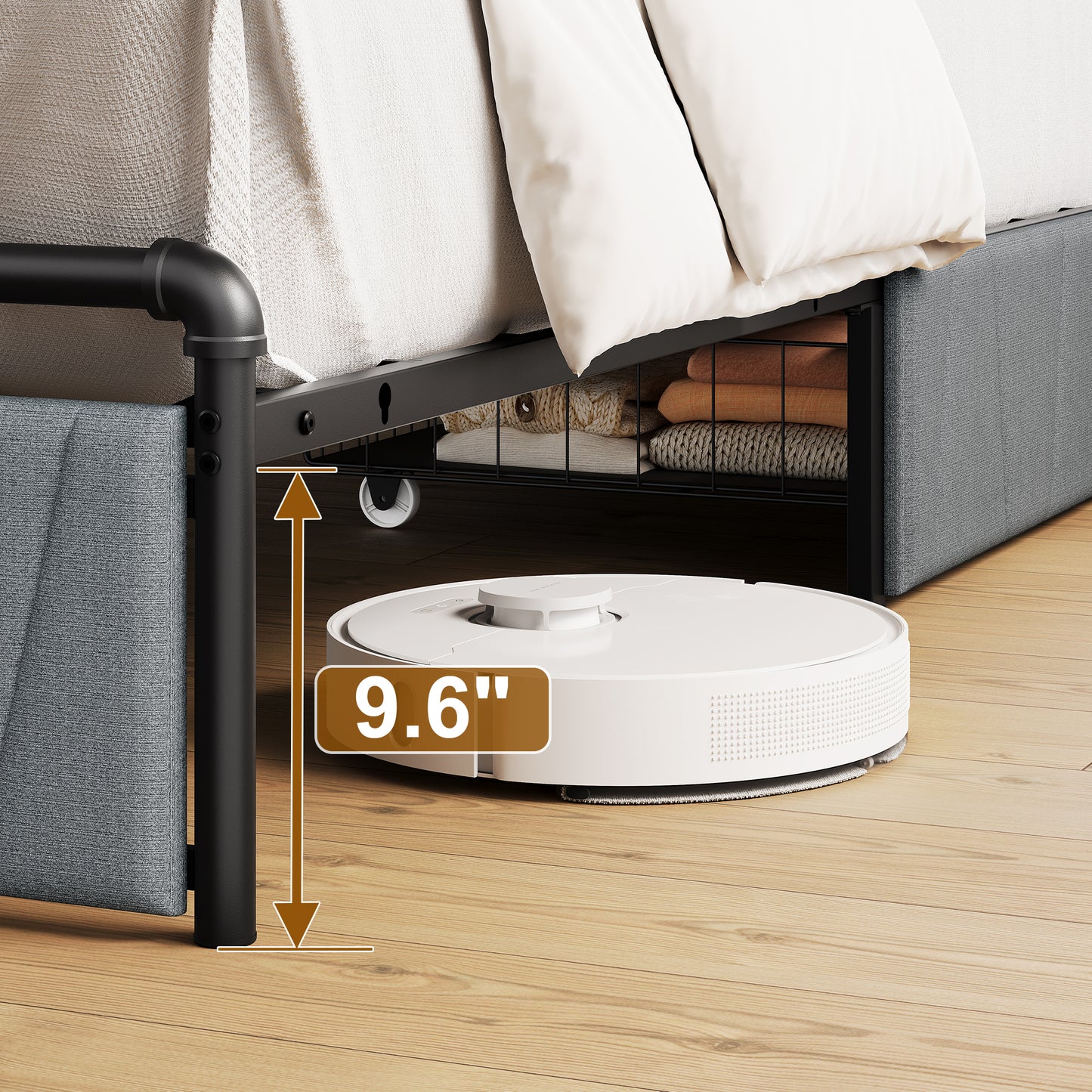 Pikvki Bed Frame with 2 Storage Drawers, Metal Platform Bed Frame with 2-Tier Storage Headboard, Charging Station & LED