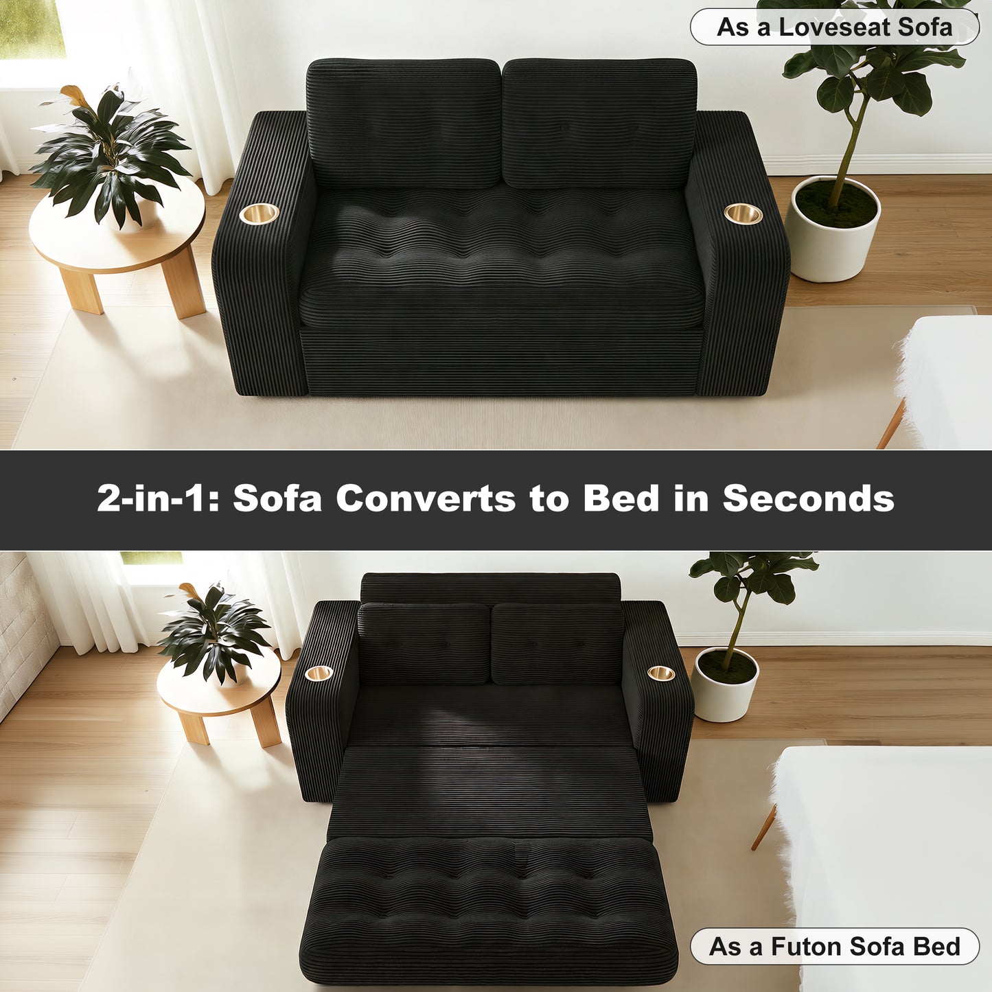 Pikvki 2 in 1 Convertible Sofa Bed with Side Pocket & Cup Holder, Corduroy Pull Out Loveseat Sleeper Sofa with Pillows for Living Room, Bedroom