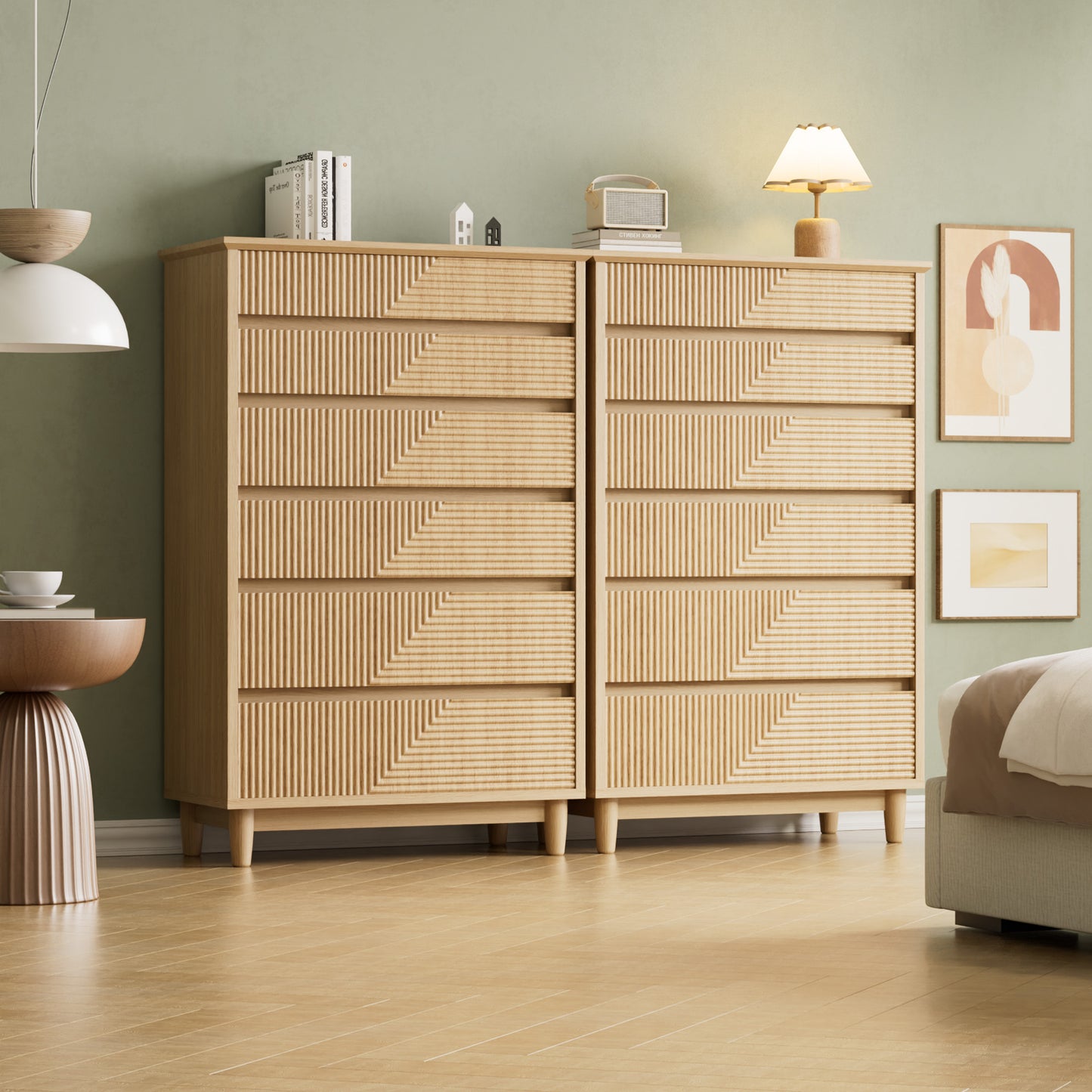 Pikvki Fluted 6 Drawer Dresser with Charging Station for Bedroom, 49" Modern Tall Chest of Drawers for Closet