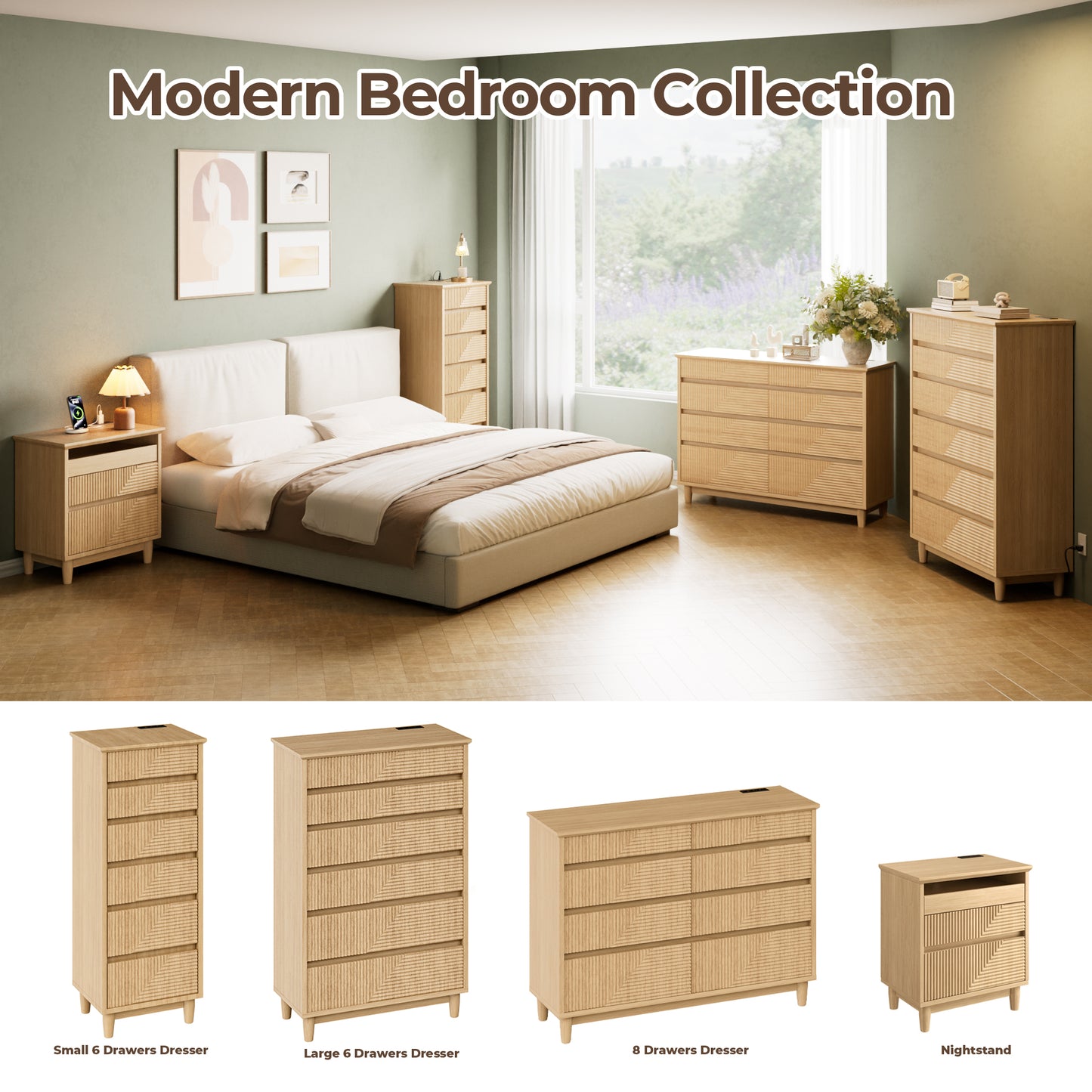 Pikvki Fluted 8 Drawer Dresser with Charging Station for Bedroom, 47.3" Modern Wide Chest of Drawers for Closet, Natural Oak