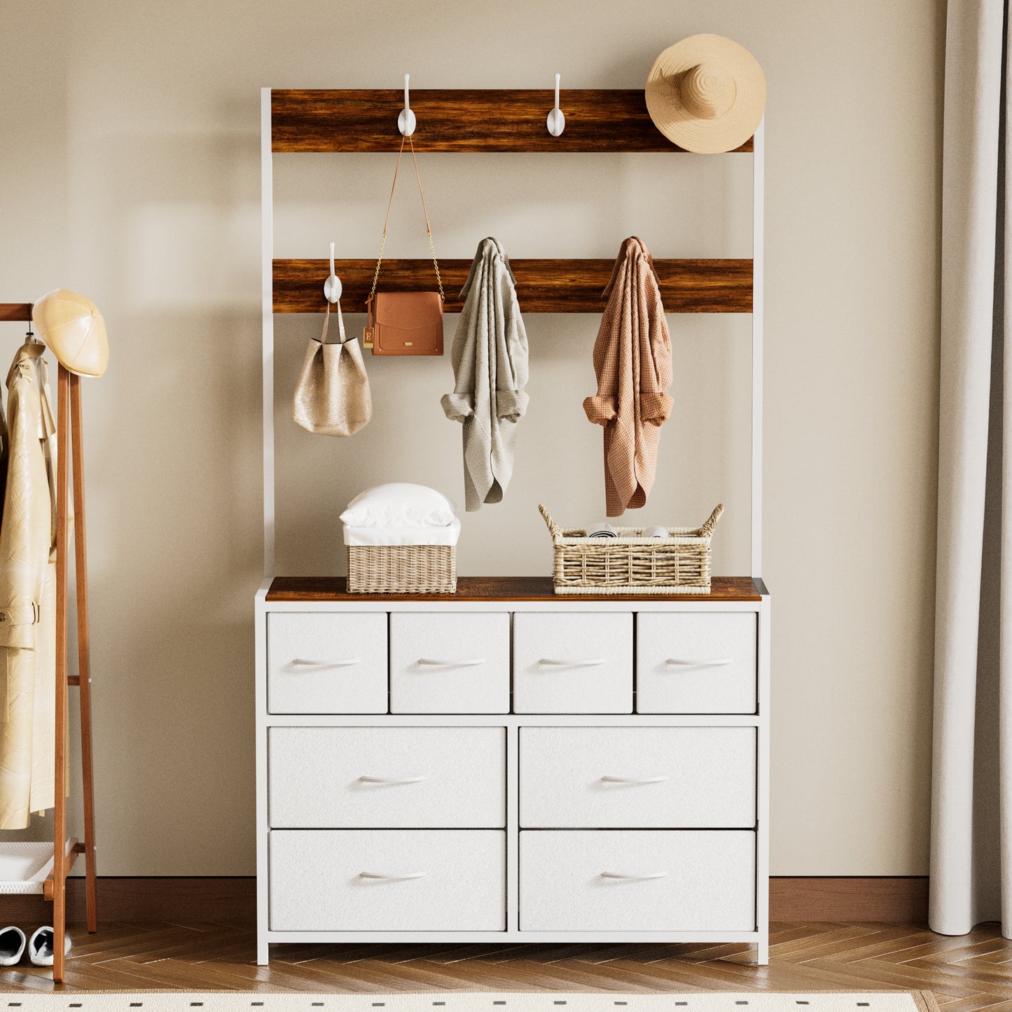 Pikvki 68.9" H Tall Dressers with 8 Drawers Dresser for Bedroom with Charging Station and 6 Hooks Fabric Dressers & Chests of Drawers with Open Shelves