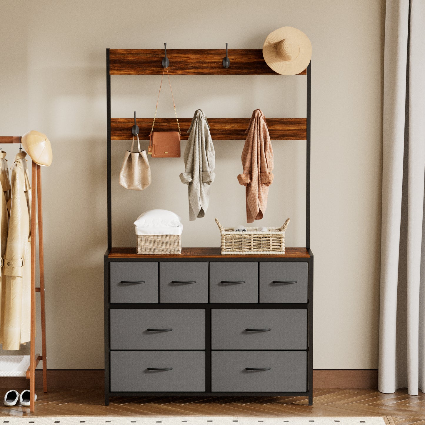 Pikvki 68.9" H Tall Dressers with 8 Drawers Dresser for Bedroom with Charging Station and 6 Hooks Fabric Dressers & Chests of Drawers with Open Shelves