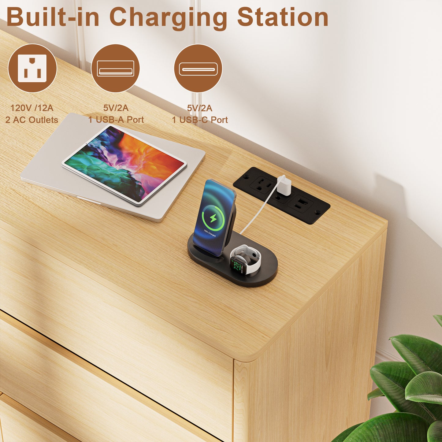 Pikvki 6-Drawer Double Dresser with Charging Station for Bedroom, Modern 47" Wide Chest of Drawers for Living Room
