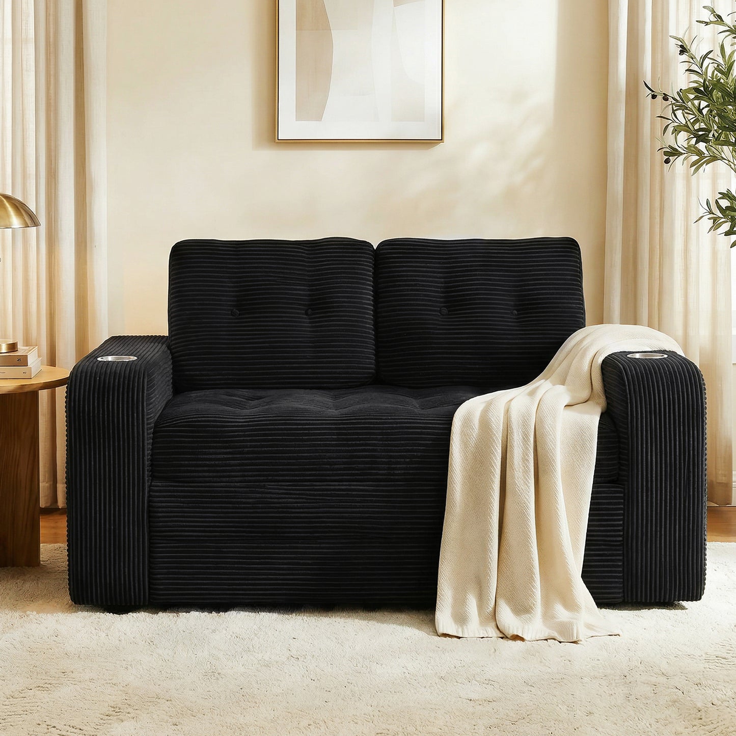 Pikvki 2 in 1 Convertible Sofa Bed with Side Pocket & Cup Holder, Corduroy Pull Out Loveseat Sleeper Sofa with Pillows for Living Room, Bedroom