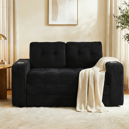 Pikvki 2 in 1 Convertible Sofa Bed with Side Pocket & Cup Holder, Corduroy Pull Out Loveseat Sleeper Sofa with Pillows for Living Room, Bedroom