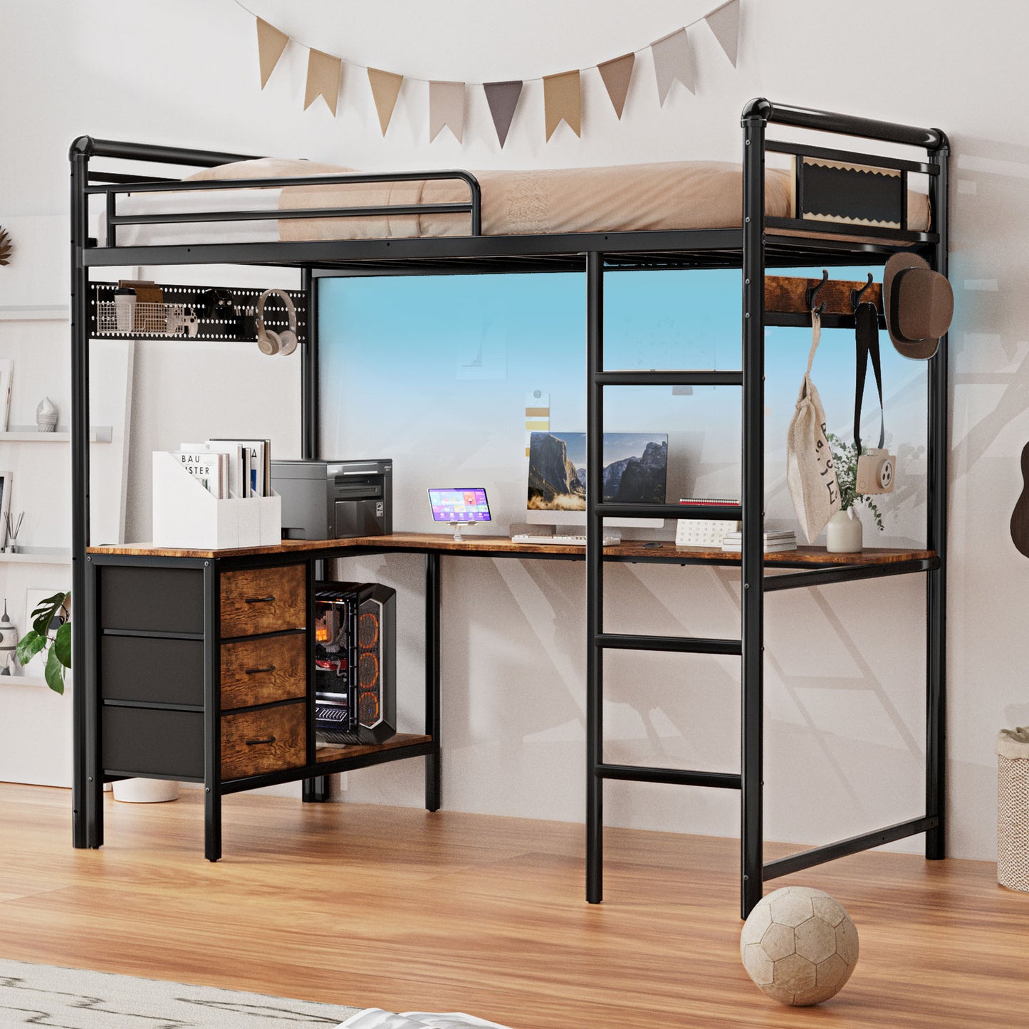Pikvki Rustic Loft Bed Twin Size with Desk & 3 Fabric Drawers, Industrial Metal Loft Bed with LED & Charging Station for Bedroom