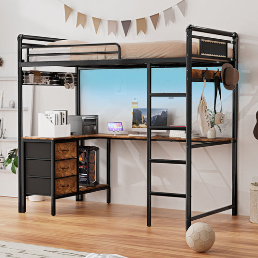Pikvki Rustic Loft Bed Twin Size with Desk & 3 Fabric Drawers, Industrial Metal Loft Bed with LED & Charging Station for Bedroom