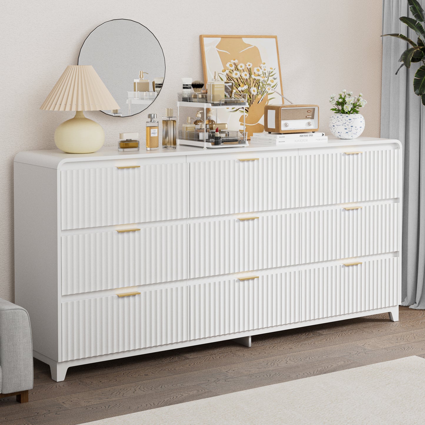 Pikvki Fluted 9 Drawers Dresser for Bedroom, 55.1" Wide Modern Chest of Drawers with Metal Handle, TV Stand for Living Room