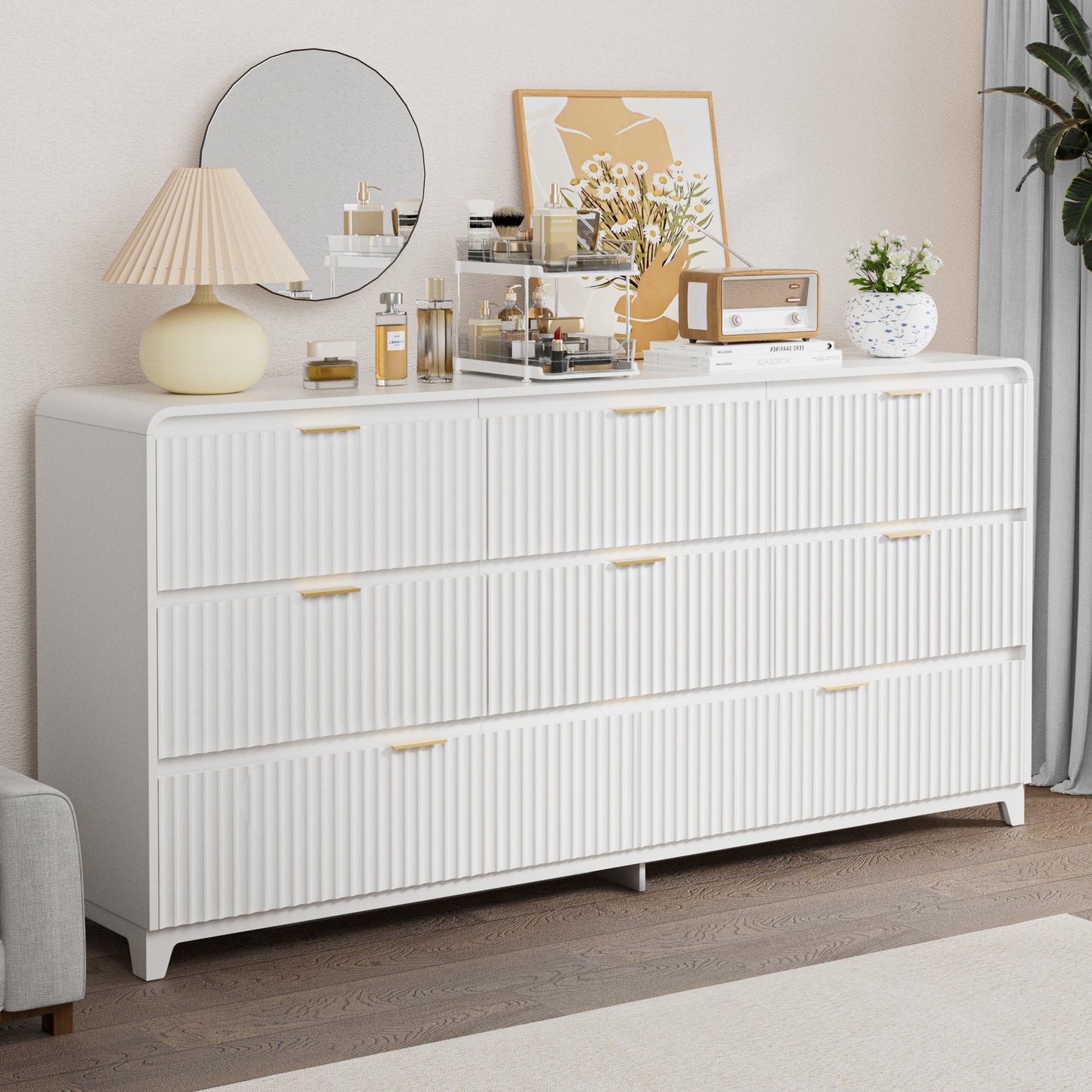 Pikvki Fluted 8 Drawers Dresser for Bedroom, 55.1" Wide Modern Chest of Drawers with Metal Handle, TV Stand for Living Room