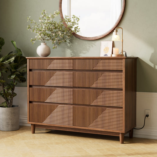Pikvki Fluted 8 Drawer Dresser with Charging Station for Bedroom, 47.3" Modern Wide Chest of Drawers for Closet, Natural Oak