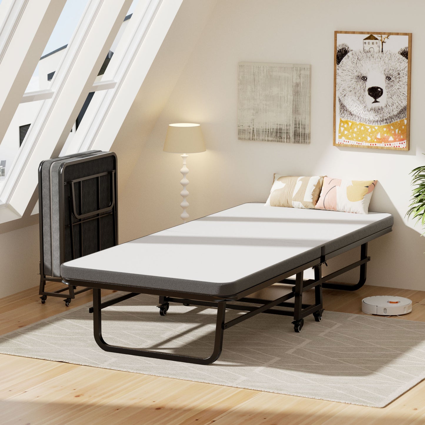 Pikvki Folding Bed with Mattress, Twin Foldable Bed, Roll Away Beds for Adults, 71.5 x 32 inch Portable Daybed for Guest Room, Camping