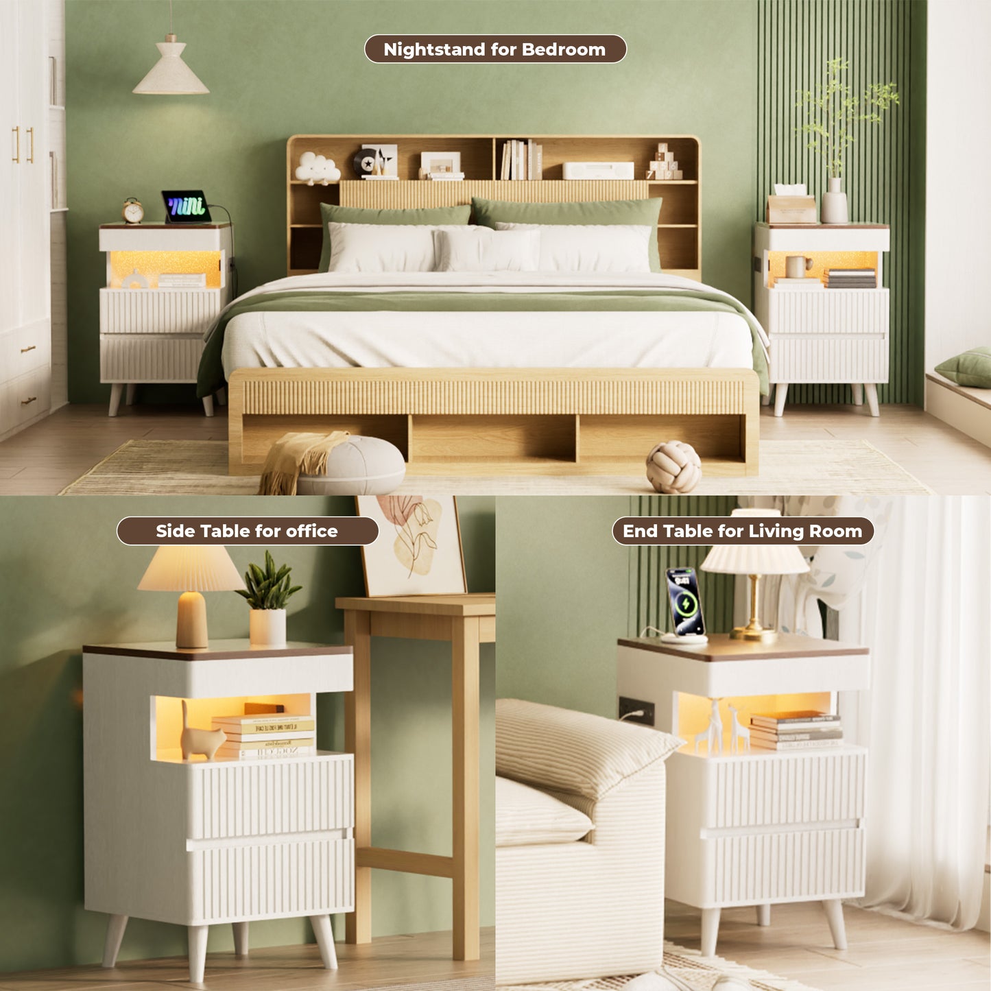 Pikvki Fluted Nightstand with Charging Station & LED Light, Modern End Table with 3 Storage Drawers and Pull-Out Tabletop for Bedroom, Living Room