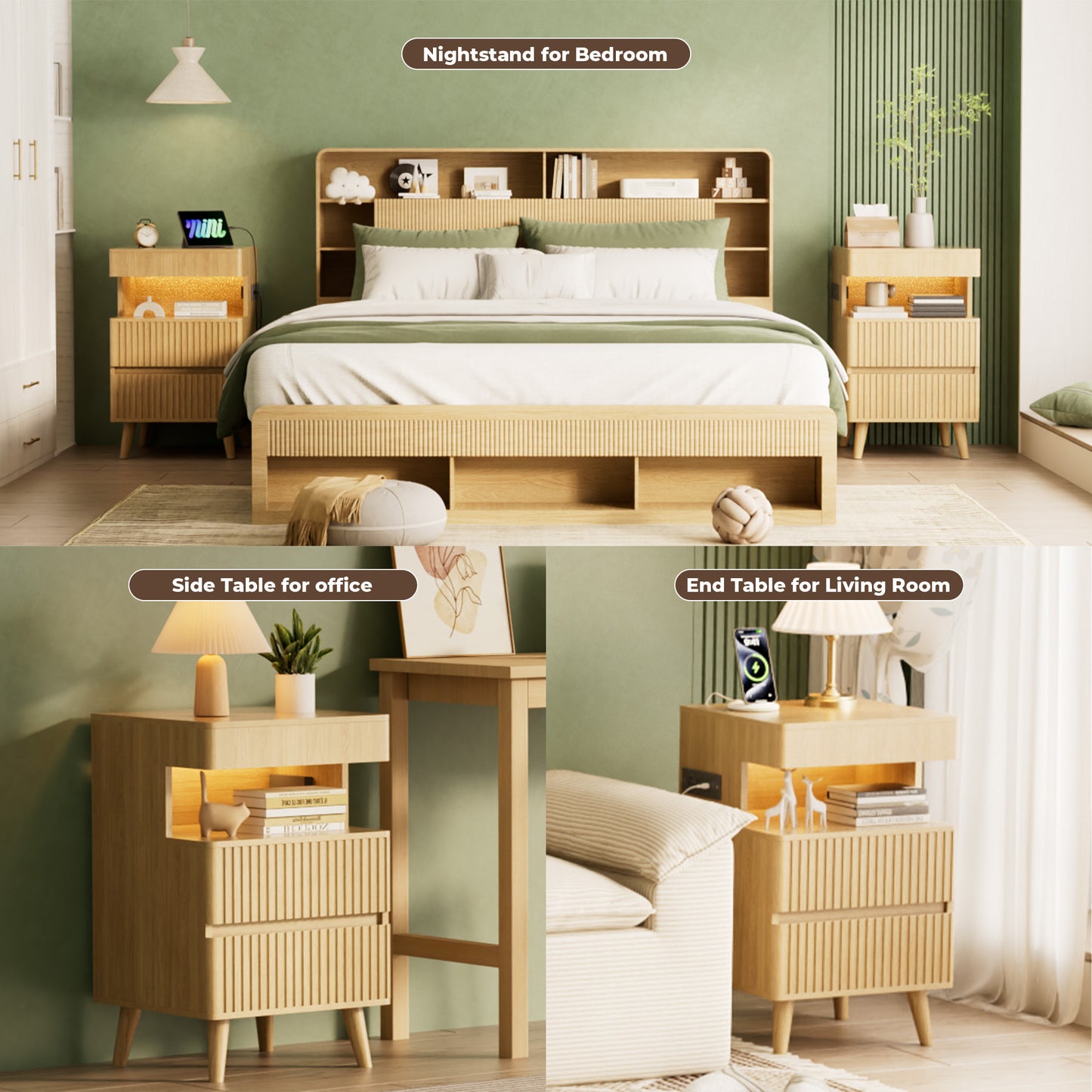 Pikvki Fluted Nightstand with Charging Station & LED Light, Modern End Table with 3 Storage Drawers and Pull-Out Tabletop for Bedroom, Living Room