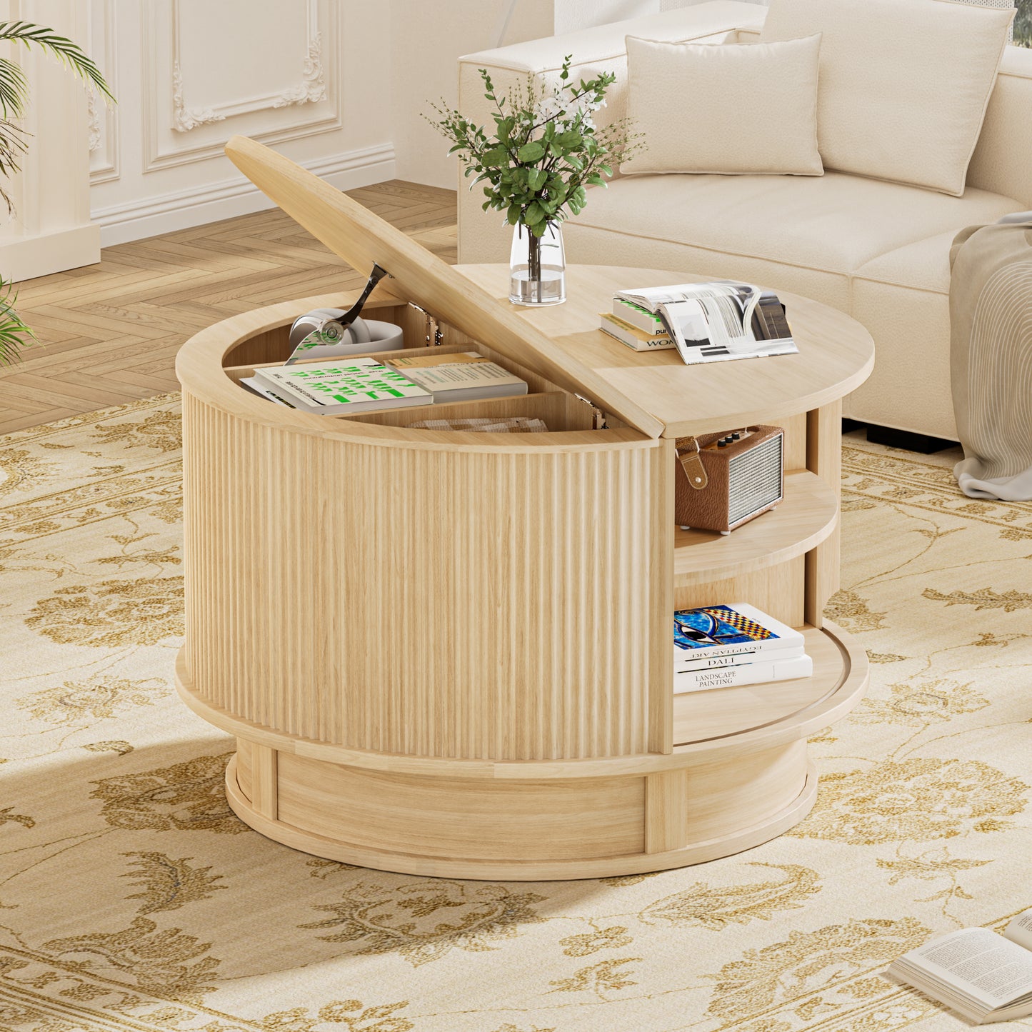 Pikvki Rotatable Round Coffee Table with Storage & Fluted Sliding Doors, 31.5" Modern Wooden Center Table for Living Room