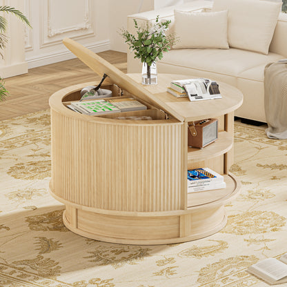 Pikvki Rotatable Round Coffee Table with Storage & Fluted Sliding Doors, 31.5" Modern Wooden Center Table for Living Room