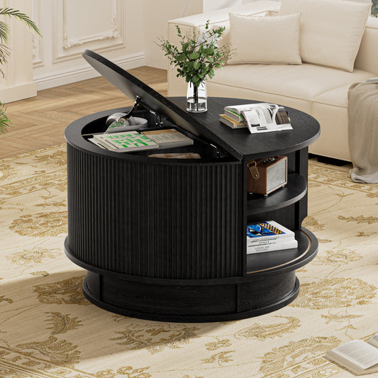 Pikvki Rotatable Round Coffee Table with Storage & Fluted Sliding Doors, 31.5" Modern Wooden Center Table for Living Room