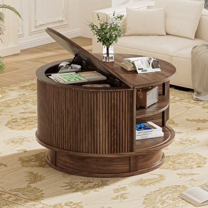 Pikvki Rotatable Round Coffee Table with Storage & Fluted Sliding Doors, 31.5" Modern Wooden Center Table for Living Room