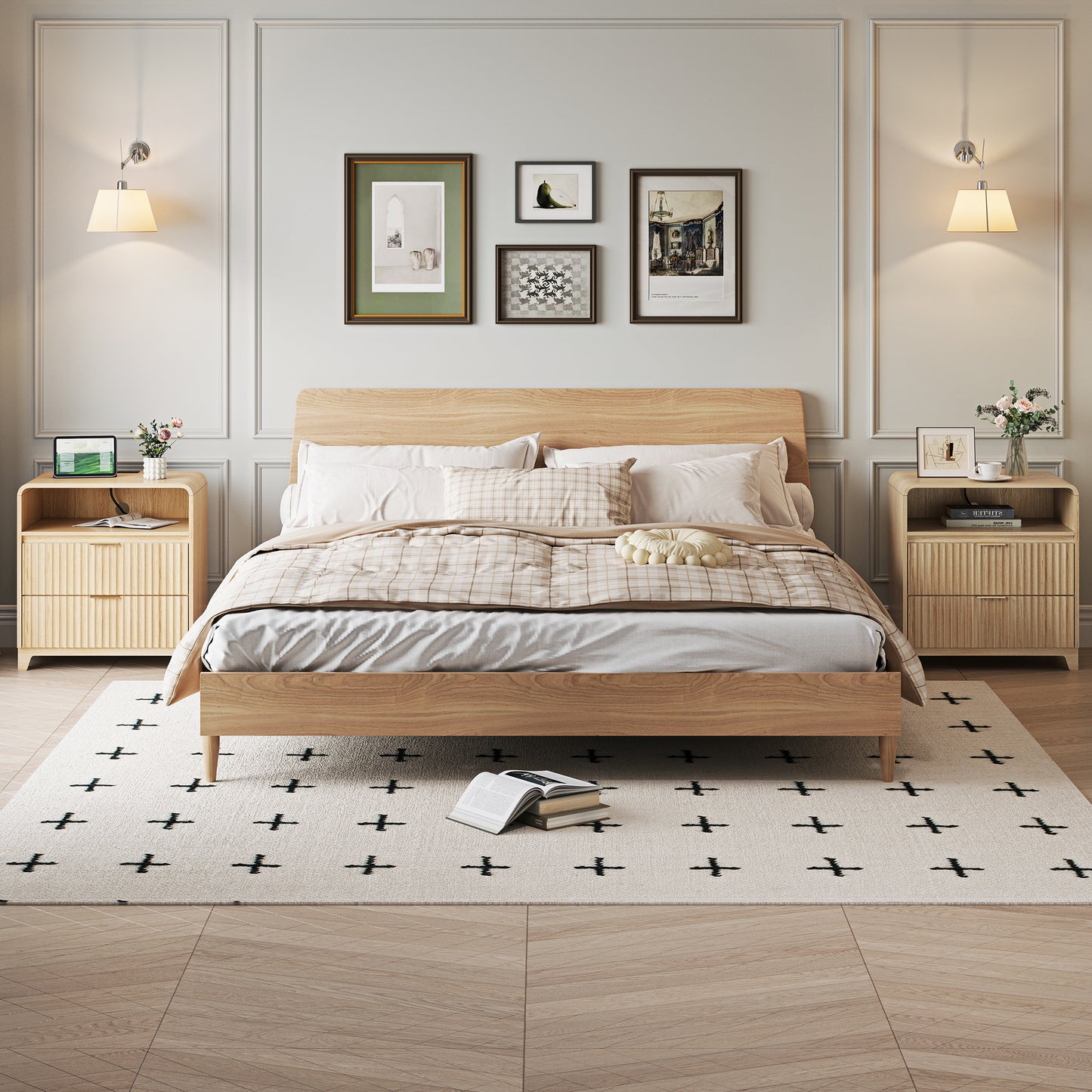 Pikvki Fluted Nightstand with Charging Station, Modern End Table with with Open Shelf and 2 Storage Drawers for Bedroom