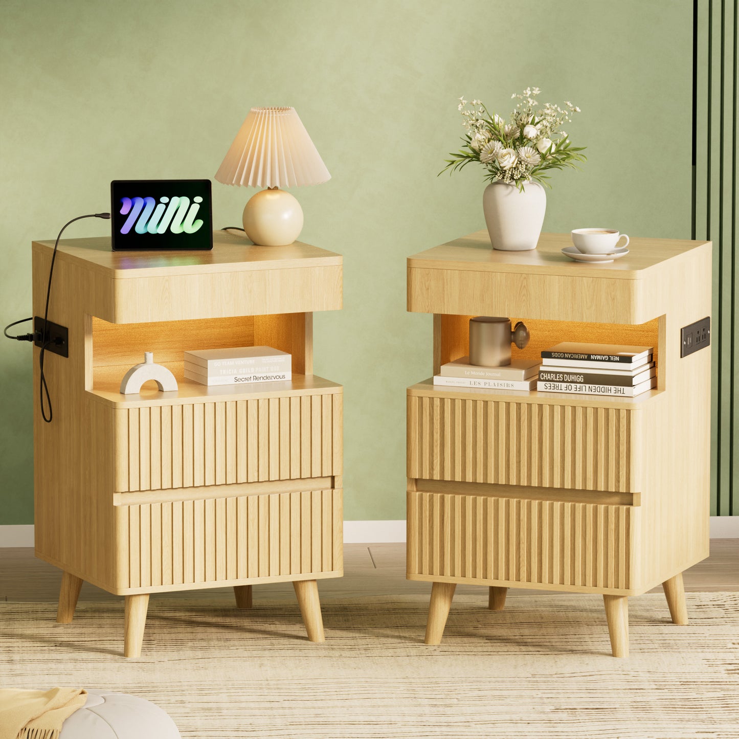 Pikvki Fluted Nightstand with Charging Station & LED Light, Modern End Table with 3 Storage Drawers and Pull-Out Tabletop for Bedroom, Living Room