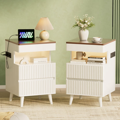 Pikvki Fluted Nightstand with Charging Station & LED Light, Modern End Table with 3 Storage Drawers and Pull-Out Tabletop for Bedroom, Living Room