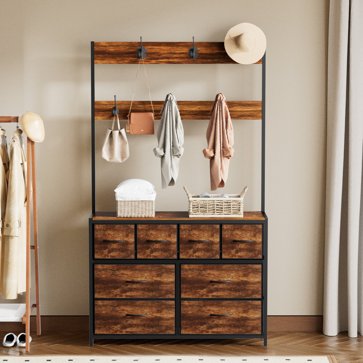 Pikvki 68.9" H Tall Dressers with 8 Drawers Dresser for Bedroom with Charging Station and 6 Hooks Fabric Dressers & Chests of Drawers with Open Shelves