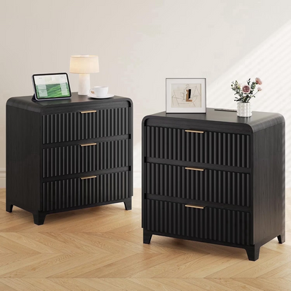 Pikvki Fluted Nightstand with Storage, 3 Drawers Wood Bed Side Table with Charging Station, Modern End Side Table for Bedroom Furniture Living Room Sofa