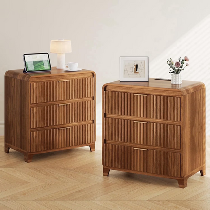 Pikvki Fluted Nightstand with Storage, 3 Drawers Wood Bed Side Table with Charging Station, Modern End Side Table for Bedroom Furniture Living Room Sofa