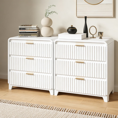 Pikvki Fluted Nightstand with Storage, 3 Drawers Wood Bed Side Table with Charging Station, Modern End Side Table for Bedroom Furniture Living Room Sofa