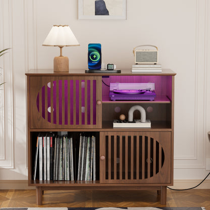 Pikvki Large Record Player Stand with Charging Station, Vinyl Record Cabinet, Wood Turntable Stand for Music Living Room