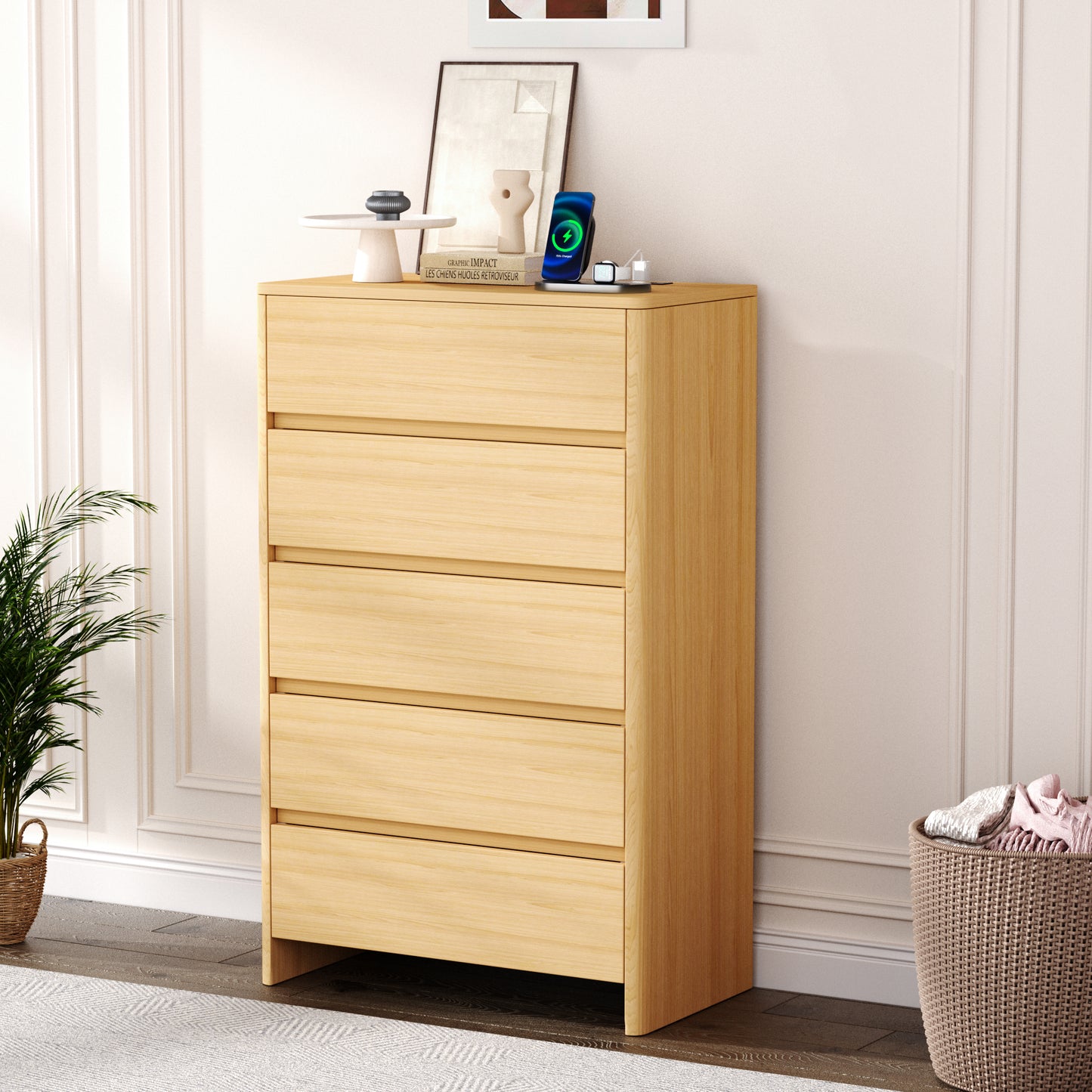 Pikvki 5 Drawer Dresser with Charging Station for Bedroom, 47" Modern Tall Chest of Drawers for Closet
