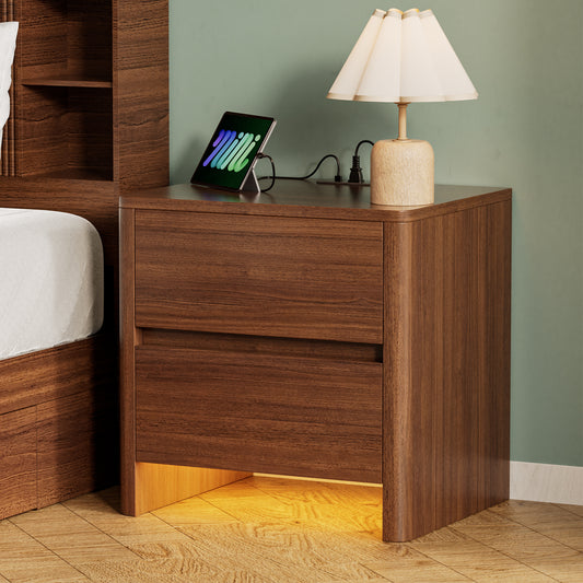 Pikvki Nightstand with Charging Station Set of 2, Modern Bedside Table End Table with LED Lights & 2 Drawer for Bedroom, Living Room