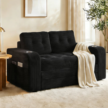 Pikvki 2 in 1 Convertible Sofa Bed with Side Pocket & Cup Holder, Corduroy Pull Out Loveseat Sleeper Sofa with Pillows for Living Room, Bedroom