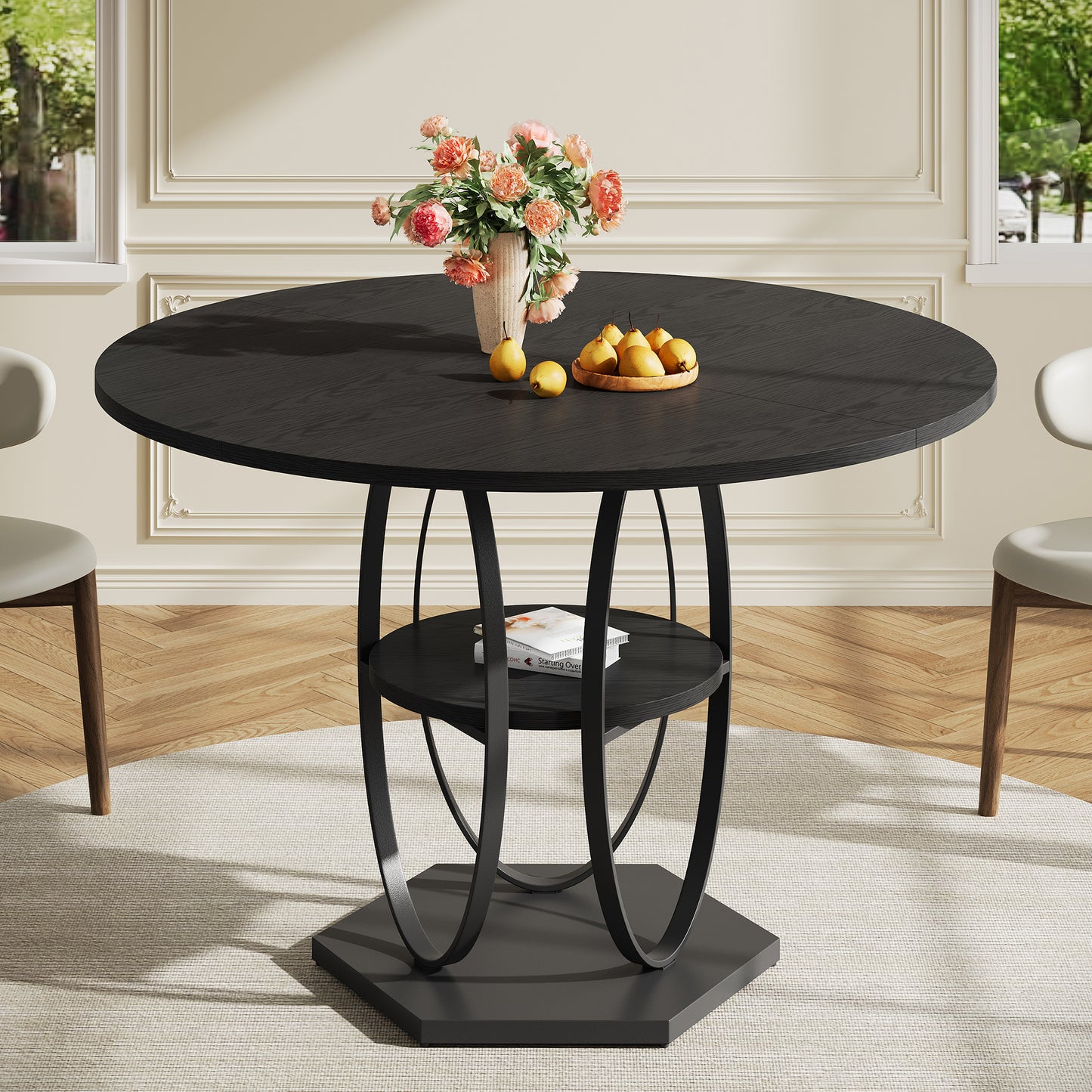 Pikvki Round Dining Table with Seorage Shelf, 3 Tier Circle Kitchen Table for Dining Room