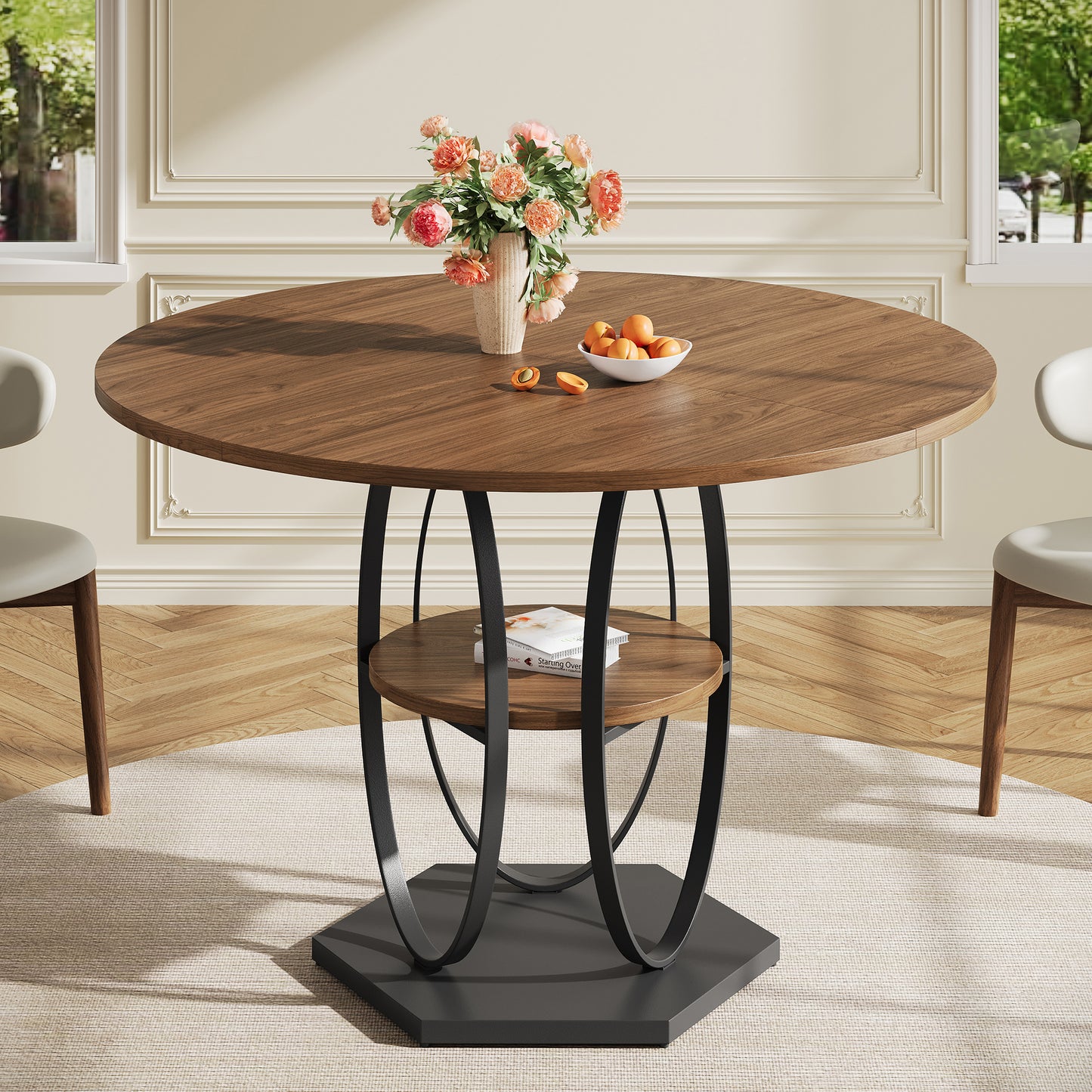 Pikvki Round Dining Table with Seorage Shelf, 3 Tier Circle Kitchen Table for Dining Room