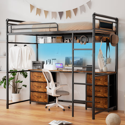 Pikvki Rustic Loft Bed Twin Size with Desk & 6 Fabric Drawers, Industrial Metal Loft Bed with LED & Charging Station for Bedroom