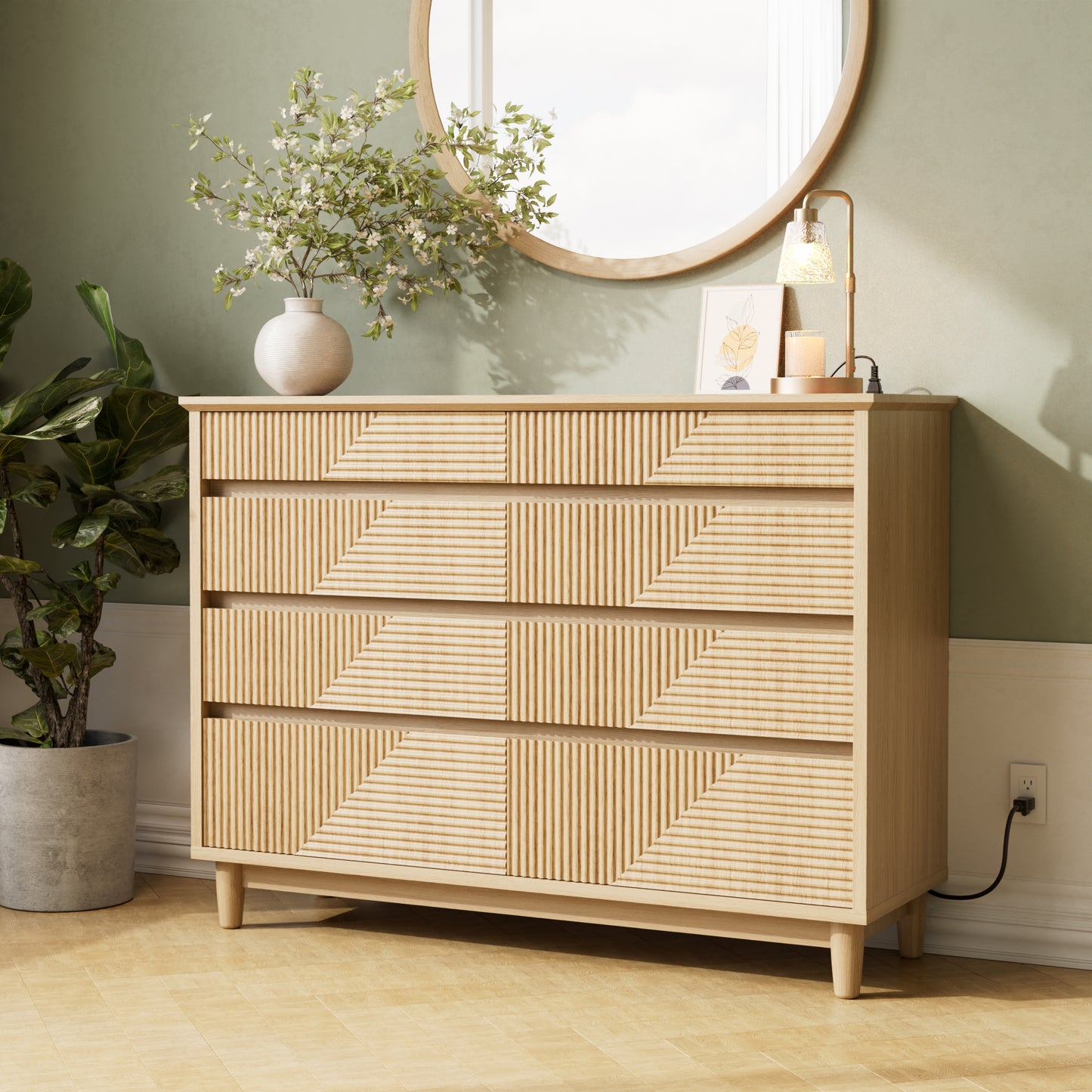 Pikvki Fluted 8 Drawer Dresser with Charging Station for Bedroom, 47.3" Modern Wide Chest of Drawers for Closet, Natural Oak