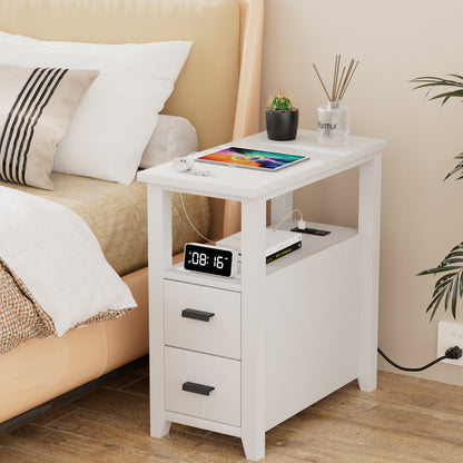 Pikvki End Table with Charging Station, Nightstand with 2 Drawers for Living Room, Bedroom