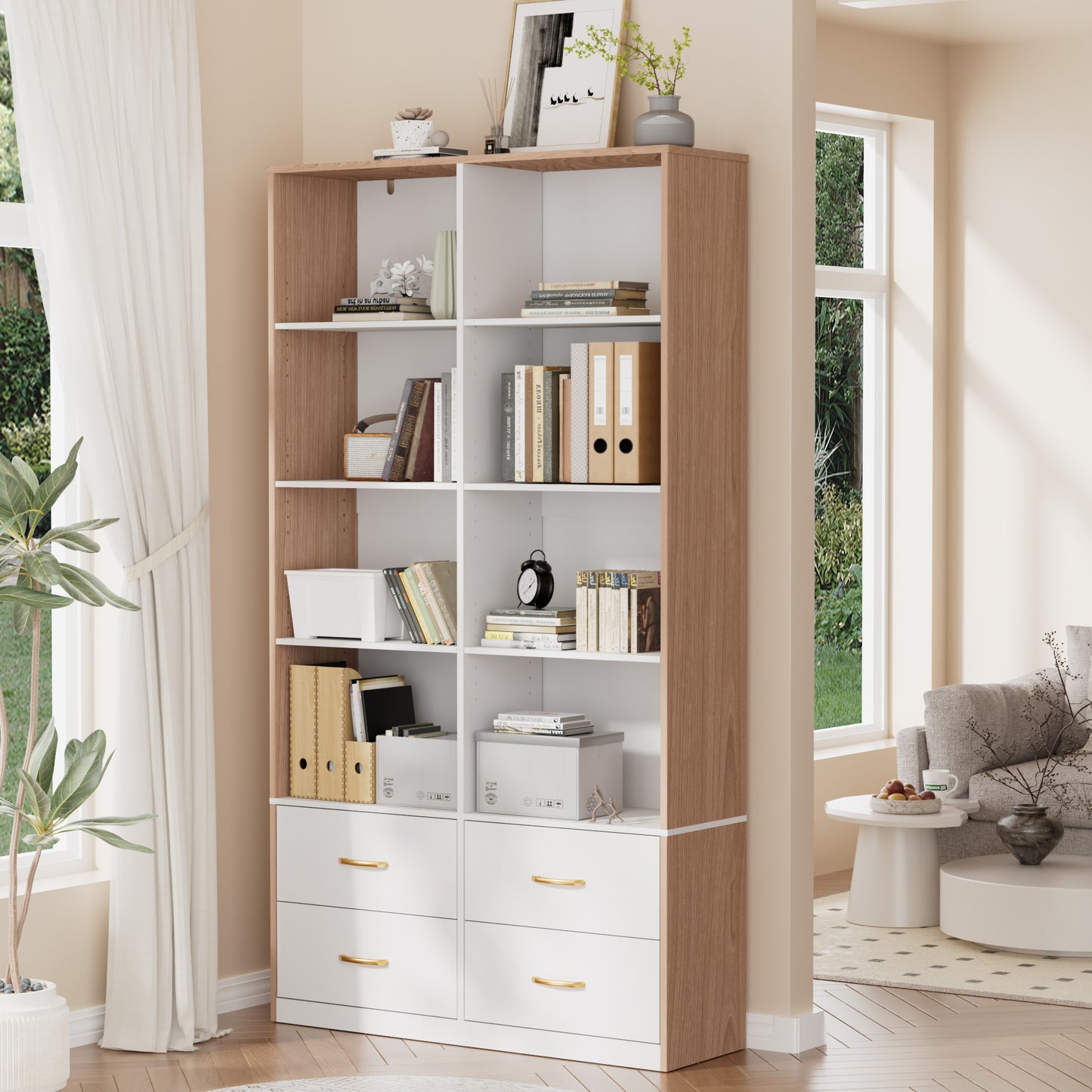 Pikvki 71" Tall Bookshelf with 4 Drawers, 6-Tier Double Wide Bookshelves and Bookcases with Storage for Home Office