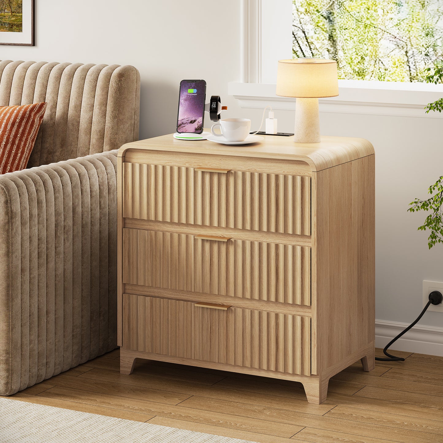 Pikvki Fluted Nightstand with Storage, 3 Drawers Wood Bed Side Table with Charging Station, Modern End Side Table for Bedroom Furniture Living Room Sofa