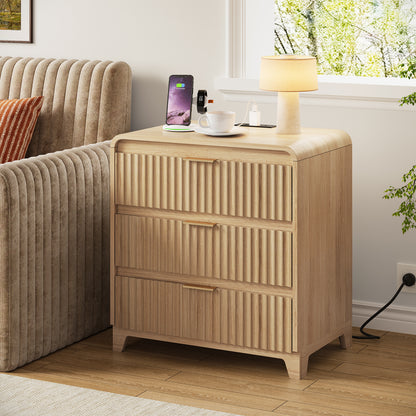 Pikvki Fluted Nightstand with Storage, 3 Drawers Wood Bed Side Table with Charging Station, Modern End Side Table for Bedroom Furniture Living Room Sofa
