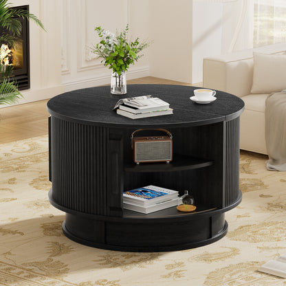 Pikvki Rotatable Round Coffee Table with Storage & Fluted Sliding Doors, 31.5" Modern Wooden Center Table for Living Room