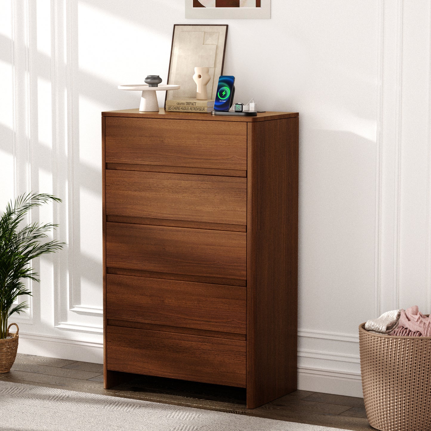 Pikvki 5 Drawer Dresser with Charging Station for Bedroom, 47" Modern Tall Chest of Drawers for Closet