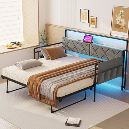 Pikvki Daybed with Charging Station & Side Pocket, Pop-upTrundle with Upholstered Storage Headboard, LED Light Sofa Bed for Living Room/Bedroom, Black