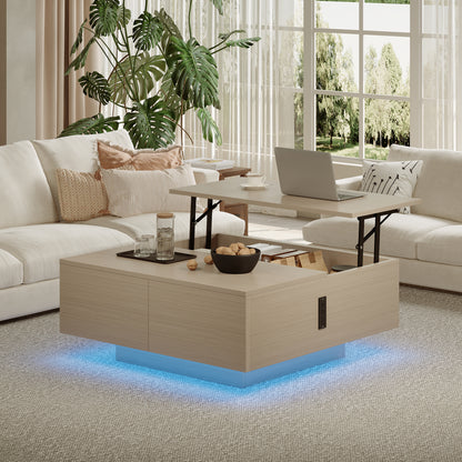 Pikvki Square Lift Top Coffee Table, 31.5" Wooden Coffee Table with 2 Drawers, LED Lights & Charging Station, Mid Century Modern Center Table for Living Room (Black)