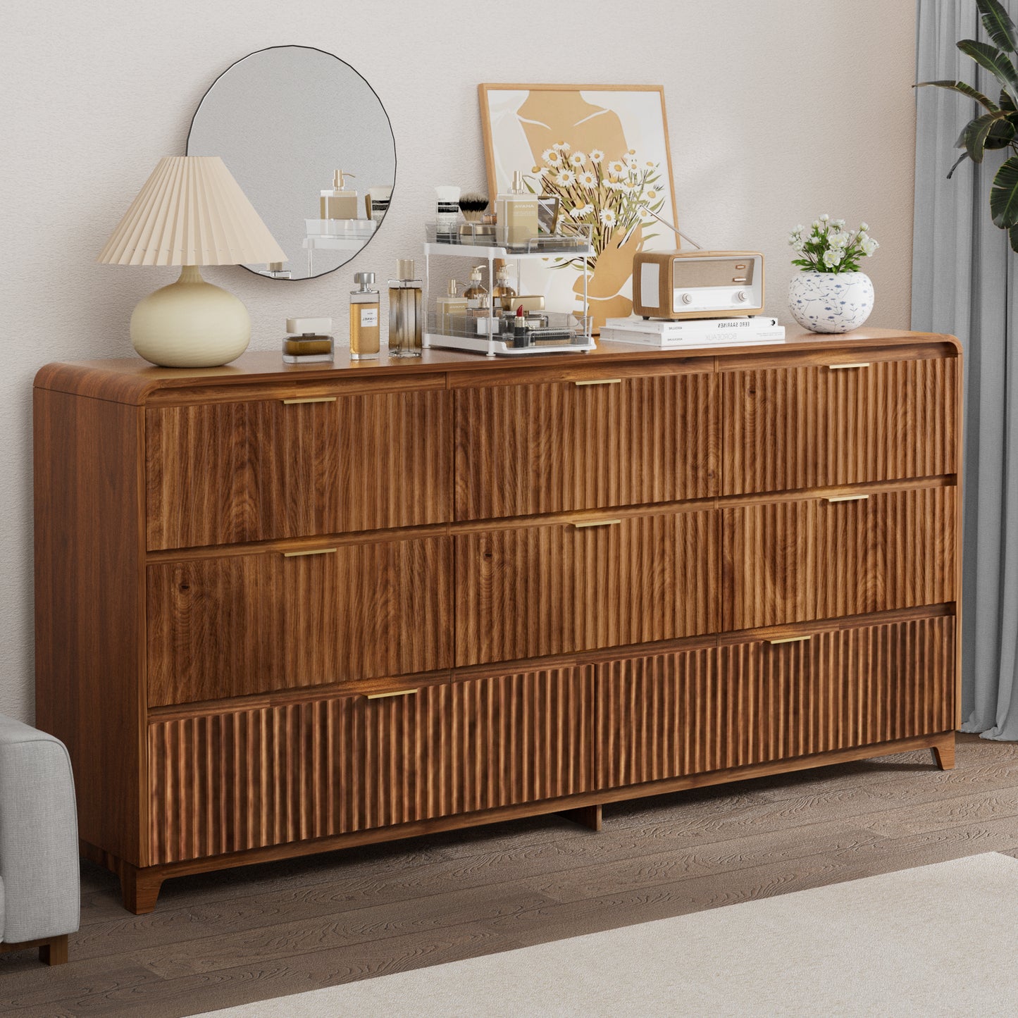 Pikvki Fluted 8 Drawers Dresser for Bedroom, 55.1" Wide Modern Chest of Drawers with Metal Handle, TV Stand for Living Room