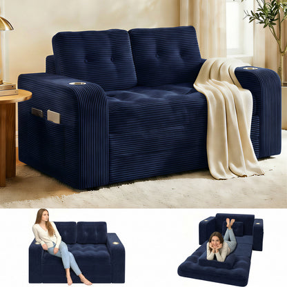 Pikvki 2 in 1 Convertible Sofa Bed with Side Pocket & Cup Holder, Corduroy Pull Out Loveseat Sleeper Sofa with Pillows for Living Room, Bedroom