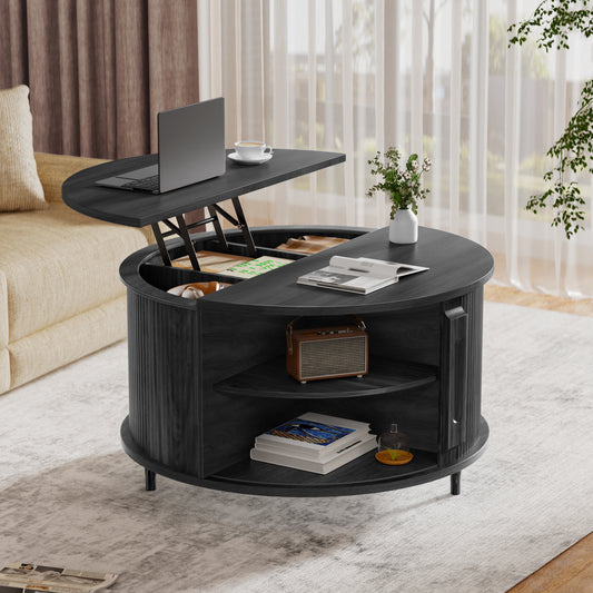 Pikvki Round Coffee Table Lift Top with Storage and Sliding Door, 31.5" Mid Century Fluted Small Center Table for Living Room