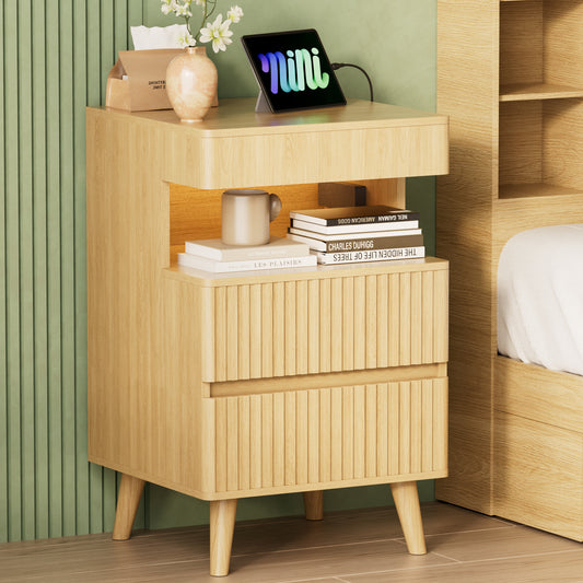 Pikvki Fluted Nightstand with Charging Station & LED Light, Modern End Table with 3 Storage Drawers and Pull-Out Tabletop for Bedroom, Living Room