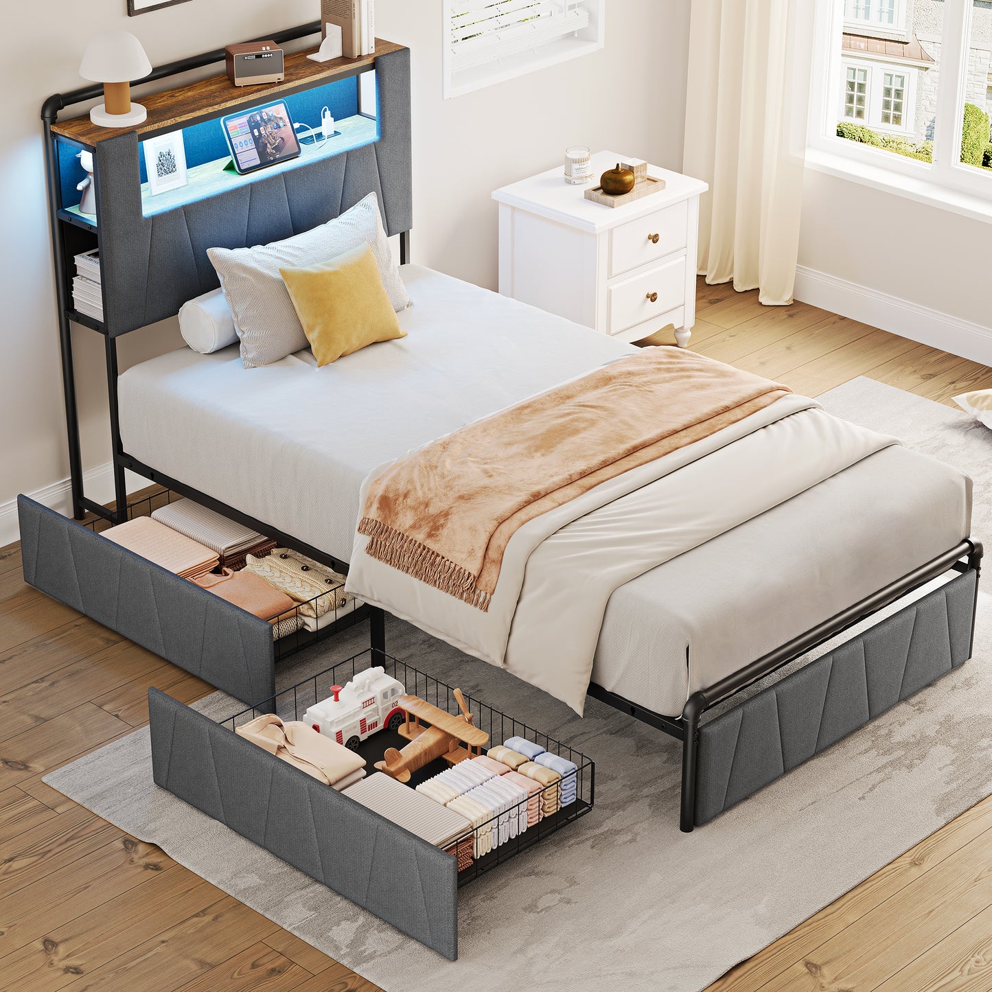 Pikvki Bed Frame with 2 Storage Drawers, Metal Platform Bed Frame with 2-Tier Storage Headboard, Charging Station & LED
